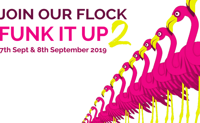 The Funk It Up 2 event image featuring dates and a graphic of pink flamingos standing in a line