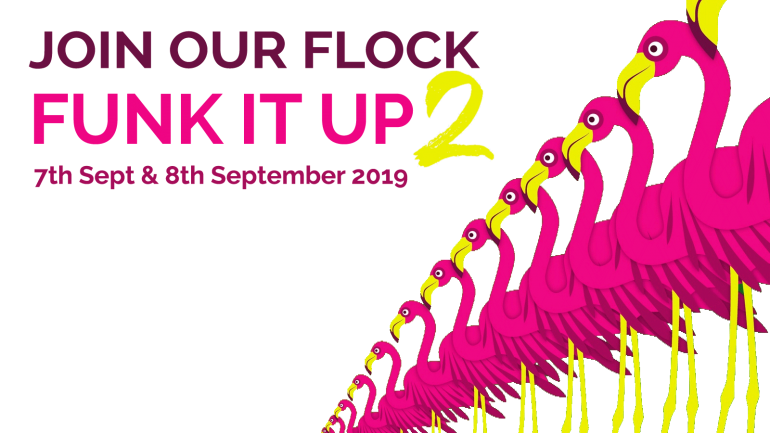 The Funk It Up 2 event image featuring dates and a graphic of pink flamingos standing in a line