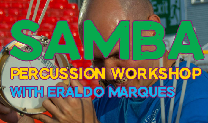 Image of male percussionist playing an instrument with logo overlay