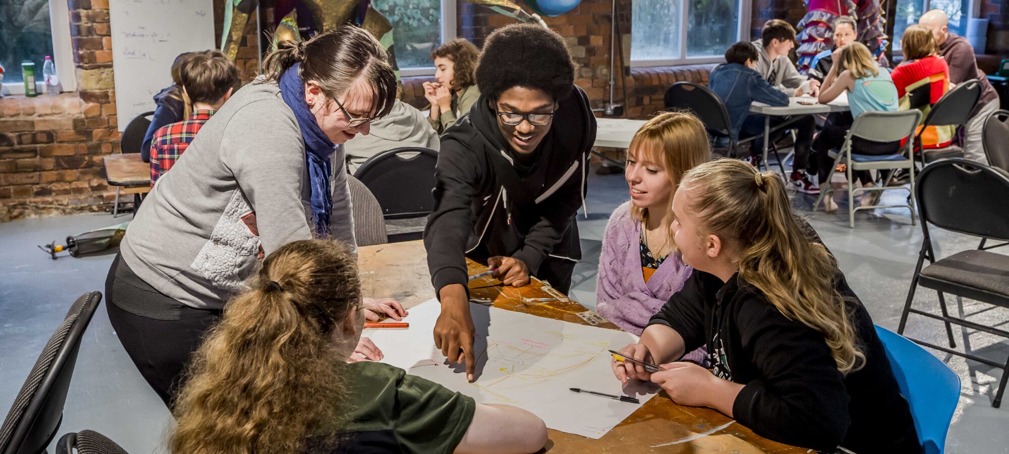 Group of young people sitting around a table doing a business development workshop, everyone smiling and laughing