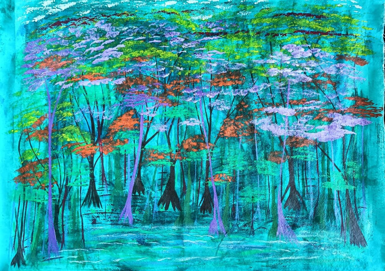Fabric painted forest tree line in blue, green, and flashes of orange